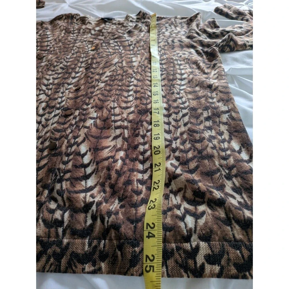 Talbots Pure Merino Wool Cardigan Sweater Womens XL Brown Feather Print Academia